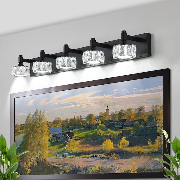 36 in 5-Light Black LED Vanity Light with Crystal Glass Shades for Bathroom, Wall Mounted Vanity Lighting Fixture