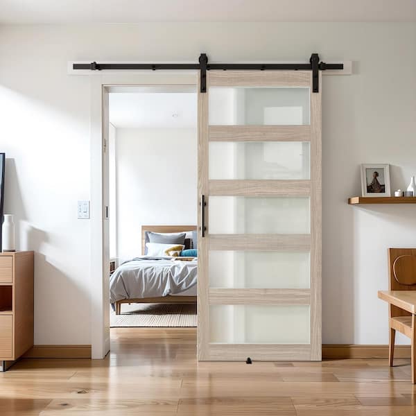 24 in. x 84 in. 5-Lite Frosted Glass Light Oak Finished MDF Sliding Barn Door with Hardware Kit