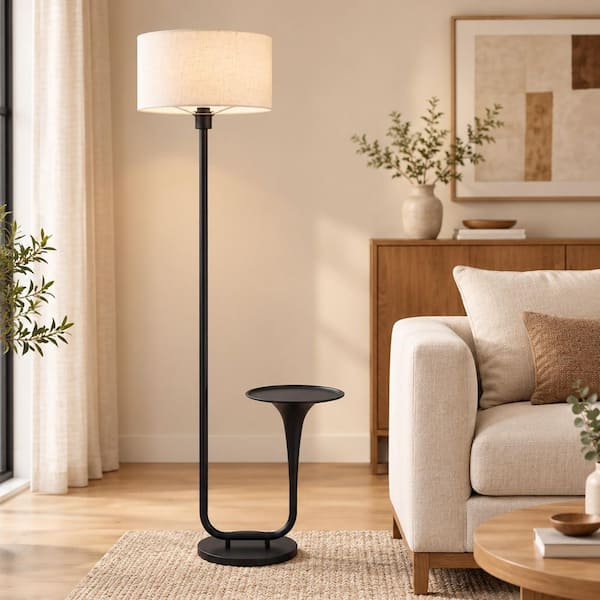57 in. Modern Black 1-Light Dimmable Standard Floor Lamp with Table and Bulb Included for Living Room