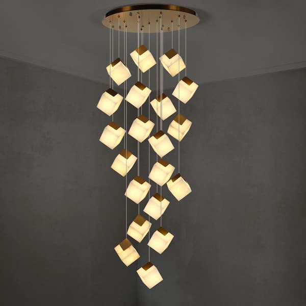 138 in. 20 Light Gold Dimmable Alabaster Cluster Chandelier Haning Pendant for Staircase with Alabaster Shade