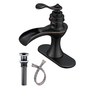 Single-Handle Single-Hole Waterfall Bathroom Faucet with Pop-Up Drain Kit and Deckplate Included in Oil Rubbed Bronze