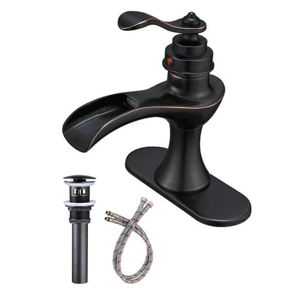 FLG Single-Handle Single-Hole Waterfall Bathroom Faucet with Pop-Up Drain Kit and Deckplate Included in Oil Rubbed Bronze