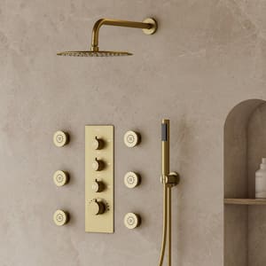 Thermostatic Valve 12 in. Wall Mount Triple Handle 7-Spray Patterns Shower Faucet 2.5 GPM With 6-Jets in Brushed Gold