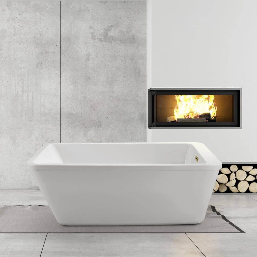60" Glossy White Acrylic Freestanding Soaking Bathtub with Brushed Brass Drain