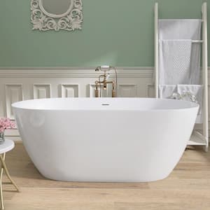 59 in. x 29.5 in. Acrylic Free Standing Flat Bottom Bathtub Soaking with Center Drain Freestanding Bathtub in White