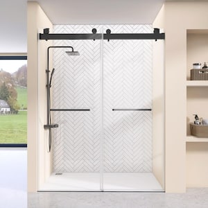 60 in. W x 79 in. H Double Sliding Shower Door Frameless Bypass Glass Shower Doors in Matte Black 3/8 in. Clear Glass