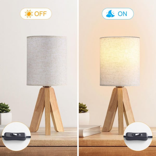 2-Pack Wooden Tripod Table Lamp With Linen Shade – Classic Bedside Light With 60W Bulbs, 14” Tall For Bedroom, Living Room, Or Office