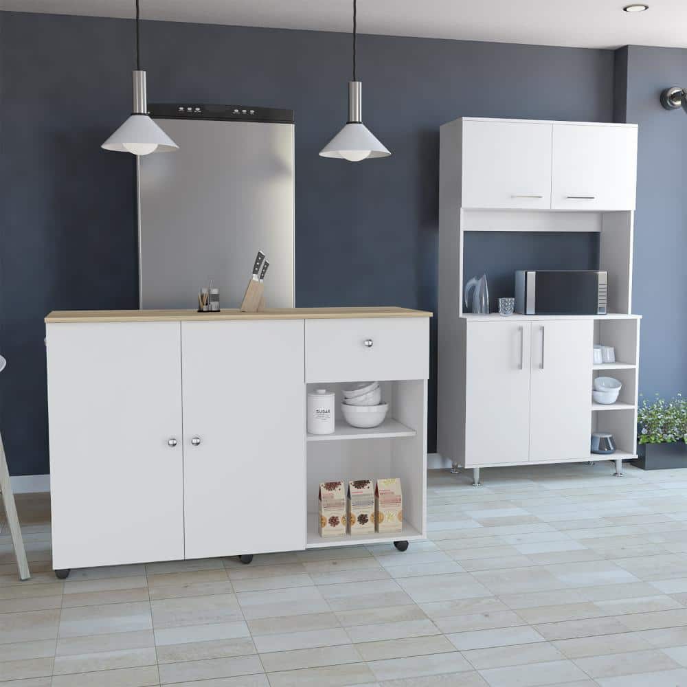 2 Piece Kitchen Set, Kitchen Island Cart + Kitchen Pantry Cabinet, White / Light Oak price history on PriceWatchPro