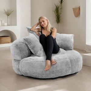 Modern Comfy Light Grey Chenille Upholstery Bean Bag Round Accent Arm Chair Lazy Sofa Chair