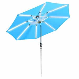 9 ft. Steel Market Solar Tilt Patio Umbrella in Light Blue with LED Light for Garden, Deck, Backyard, Pool