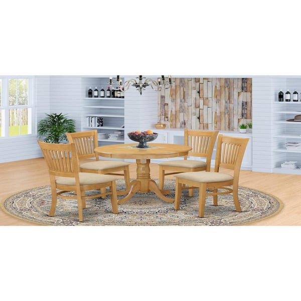 East West Furniture 5-Piece Round Natural Oak Finish Solid Wood Top Dining table with 4 Chairs with Lattice Back