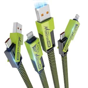 4 in 1 USB C Cable 6 ft. with Hook and Loop Fastener and Cable Management, Fast Charging for iPhone and Android in Green