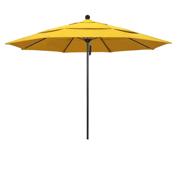 California Umbrella 11 ft. Black Aluminum Commercial Market Patio Umbrella with Fiberglass Ribs and Pulley Lift in Lemon Olefin