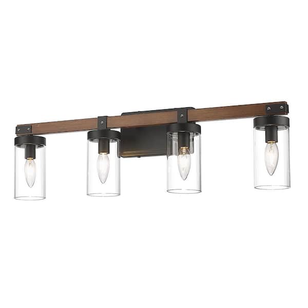 pasentel 28.5 in. 4-Light Matte Black and Dark Wood Grain Bathroom Vanity Light with Clear Glass Shades