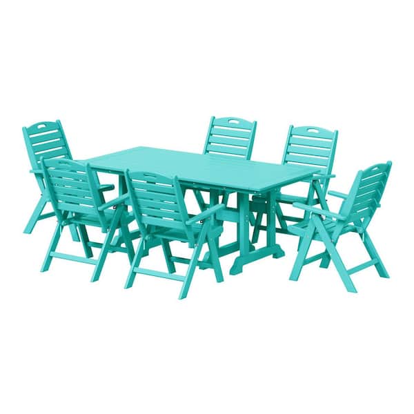 Laguna Outdoor All Weather HDPE Plastic 7-Piece Highback Folding Chairs, Rectangle Table Patio Dining Set, Turquoise