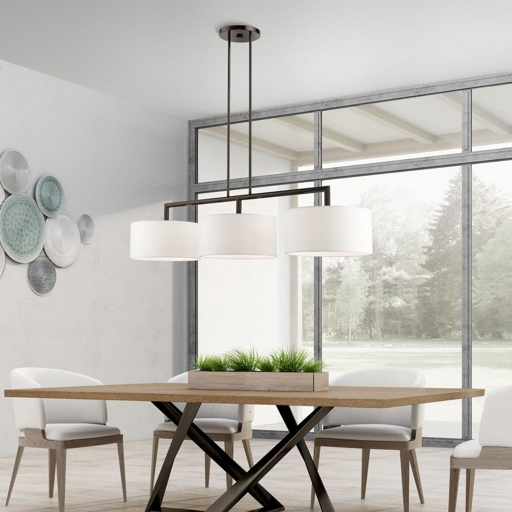 Black Chrome 3-Light Linear Chandelier with Off-White Shades