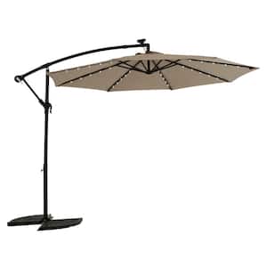 10 ft. Umbrella Solar Powered LED Lighted Sun Shade Market Waterproof 8-Ribs Umbrella with Crank and Cross Base Khaki