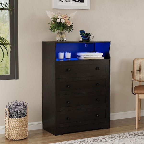 Unbranded 4-Drawer Wood Chest of Drawers with Charging Station, LED Lights,  Storage Cabinet for Bedroom, Living Room, Black HNN-PHK_35NU4EUH