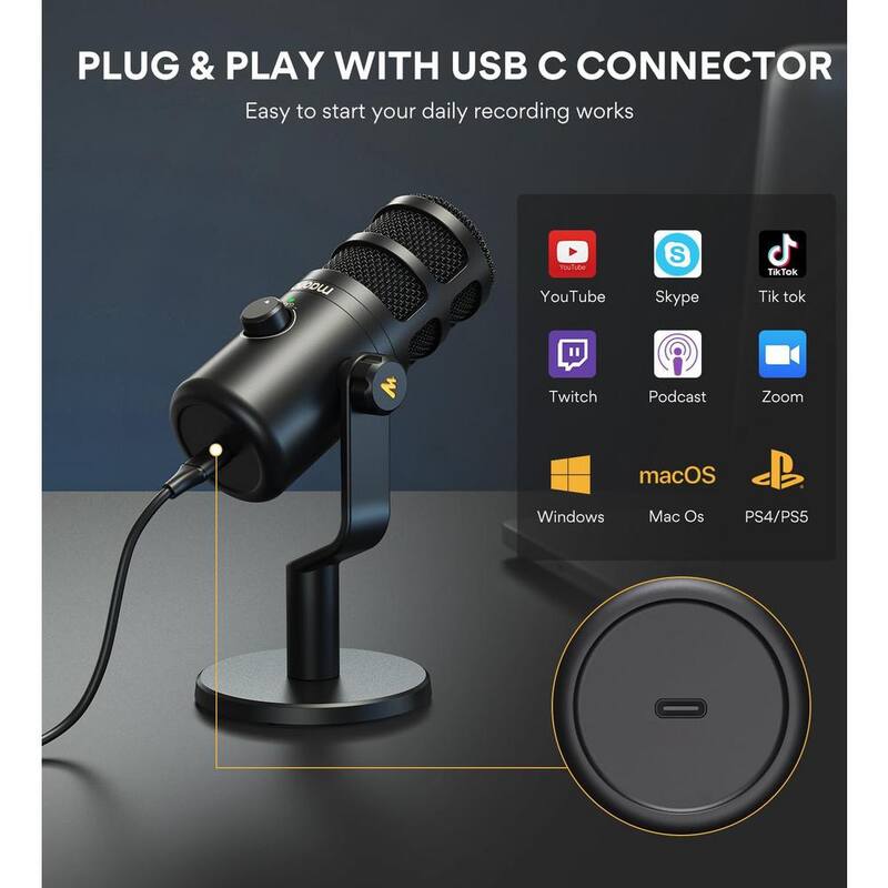 USB Dynamic Microphone for Vocal Recording, Streaming, Voice Over, Voice Isolation Technology, Works for Audio Interface