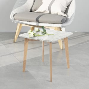 Gavia 19.5 in. Square Italian Carrara White Marble Side Table with Oak Legs