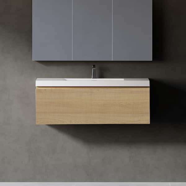 FAMYYT 42 in. W Single Sink Natural Oak Floating Bath Vanity with White Solid Surface Top