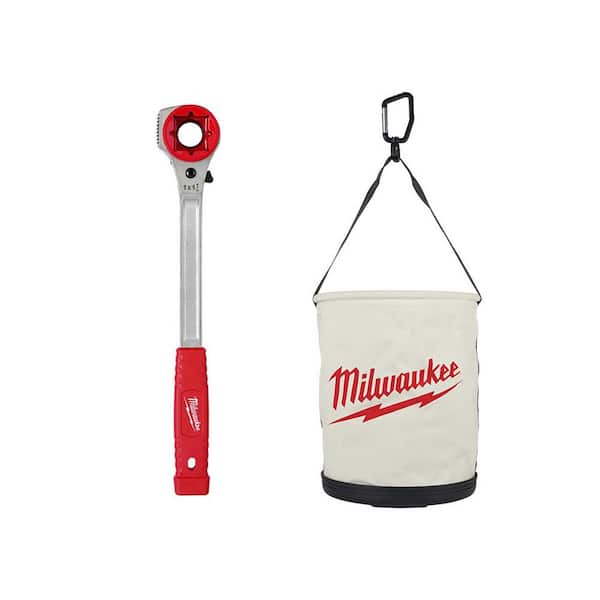 Milwaukee Lineman's High Leverage Ratcheting Wrench with Milled Strike Face and 12 in. Canvas Utility Bucket Tool Bag