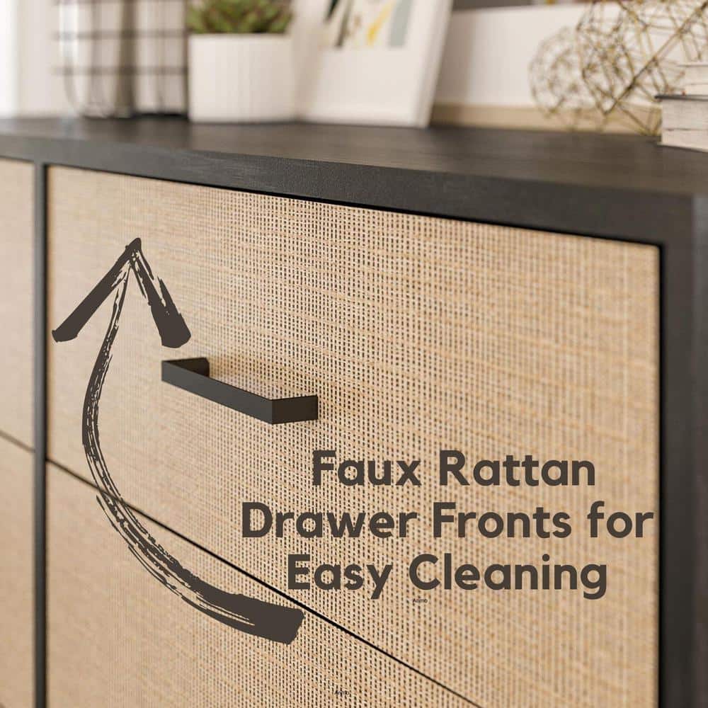 Coastal Charm Black Oak & Faux Rattan Nightstand with Drawer