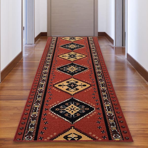 Southwestern Burnt Orange Multi Color 31 in. Width x Your Choice Length Custom Size Roll Runner Rug/Stair Runner