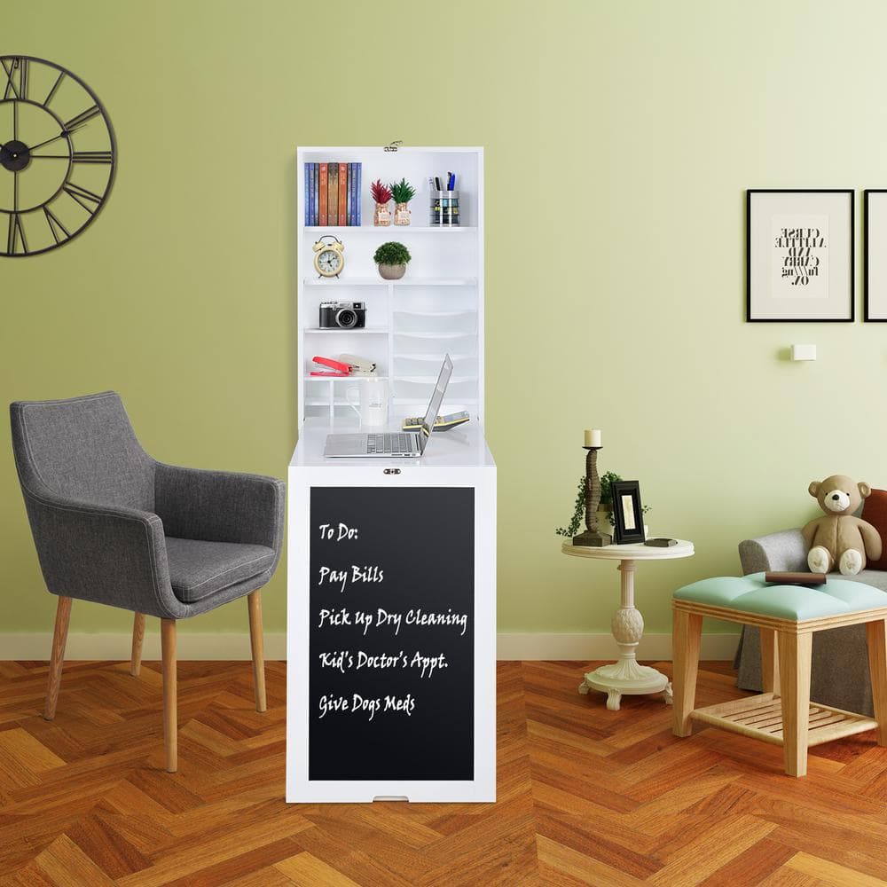 Murphy White Laminated MDF Fold-Down Wall Desk with Chalkboard and Storage