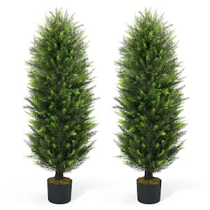 4 ft. Green Artificial Cedar Tree, Natural Faux Plants for Outside Planter with Dried Moss, UV Resistant, Set of 2