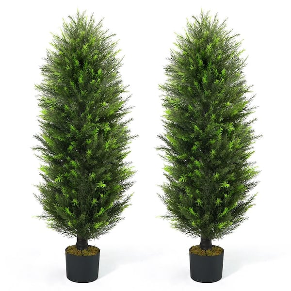 CAPHAUS 4 ft. Green Artificial Cedar Tree, Natural Faux Plants for Outside Planter with Dried Moss, UV Resistant, Set of 2