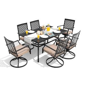 Black 7-Piece Metal Rectangle Outdoor Dining Set with Beige Cushion Patio Furniture Set with Swivel Dining Chair