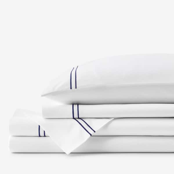 The Company Store Legends Hotel Dorset Stripe 4-Piece Blue Egyptian Cotton Sateen Full Sheet Set