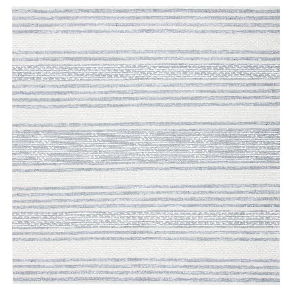 Ivory and Silver Striped Wool Square Area Rug, 5' x 5'