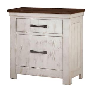 2-Drawer White and Brown Nightstand with Plank Design 32.3 in. H x 20.5 in. W x 27 in. L