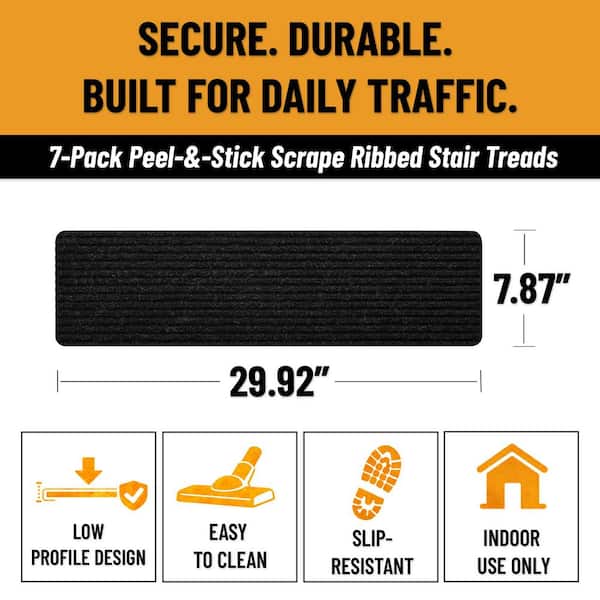Non-Slip 7.8 in. x 30 in. Peel and Stick Carpet Step Covers for Indoor Wood Stair Tread Cover (7-Pack), Black