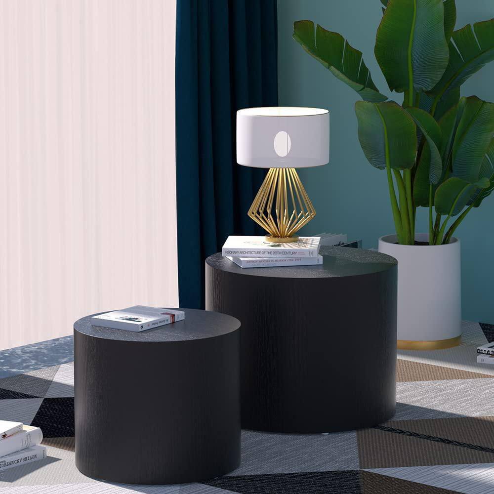 Matte Black Round Wood Nesting Coffee Table Set, 2 Pieces