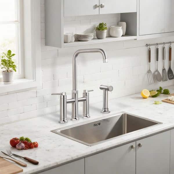 8 in. Double Handle Bridge Kitchen Faucet with Pull-Out Sprayer in Brushed Nickel