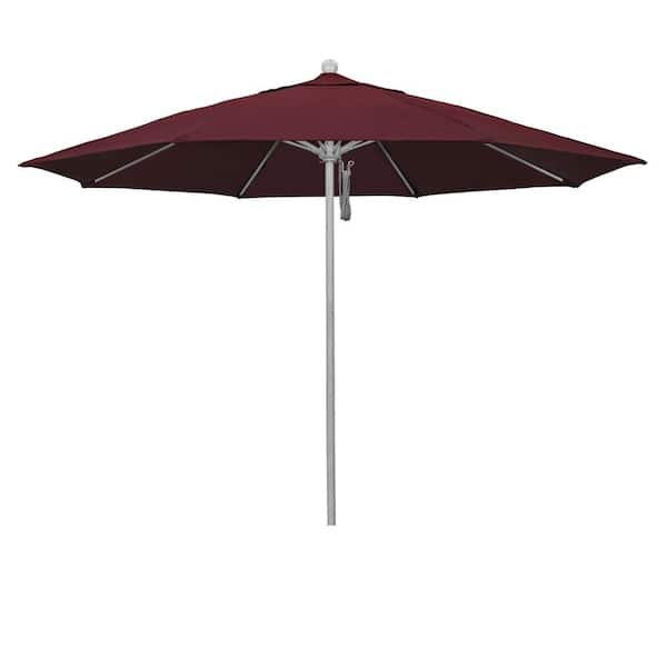 11 ft. Grey Woodgrain Aluminum Market Patio Umbrella with Fiberglass Ribs Pulley Lift in Burgundy Pacifica