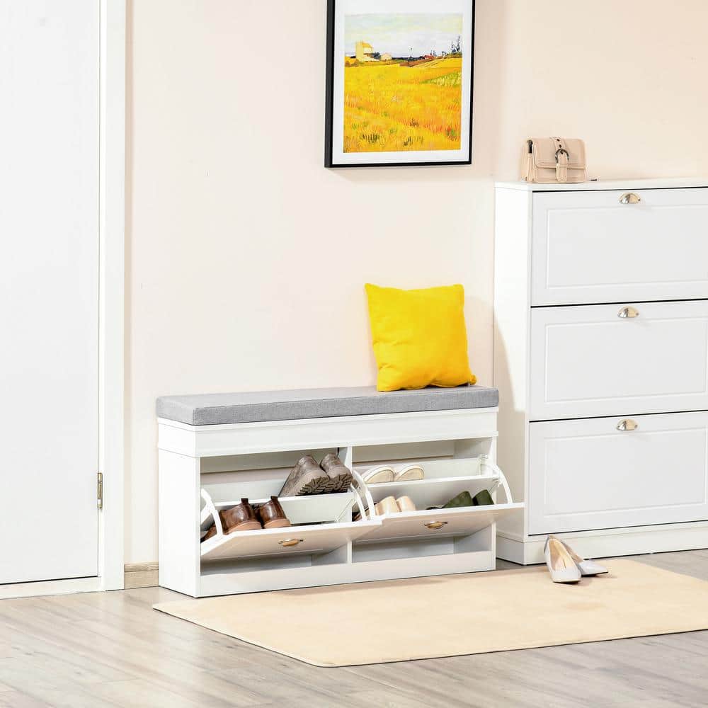 White Modern Shoe Rack Bench with Gray Cushion and Storage Drawers