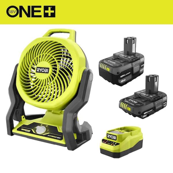 ONE+ 18V Lithium-Ion 4.0 Ah Battery, 2.0 Ah Battery, and Charger Kit with FREE ONE+ Hybrid WHISPER SERIES 7-1/2 in. Fan