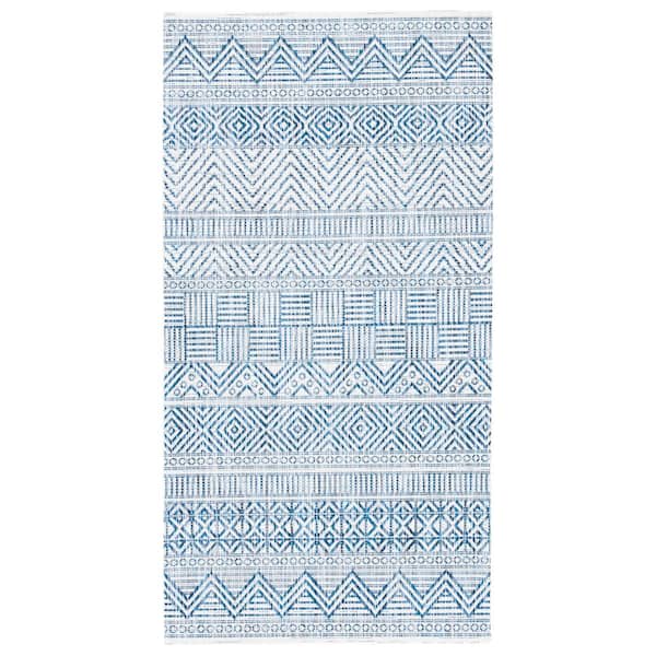 Courtyard Ivory/Navy Doormat 2 ft. x 4 ft. Striped Tribal Chevron Indoor/Outdoor Area Rug