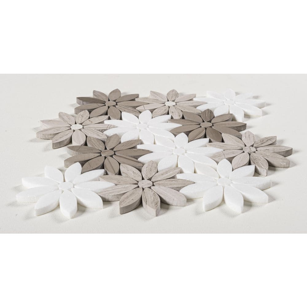 Brown and White Floral Pattern Matte Marble Mosaic Tile