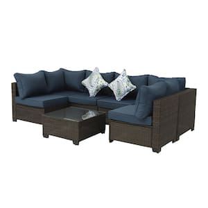 7-Piece Black Wicker Patio Outdoor Sofa Loveseat Conversation Seating Set with Dark Blue Cushions