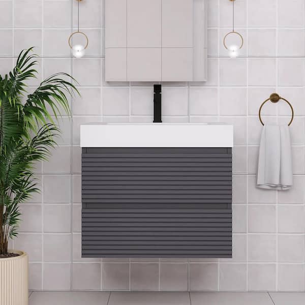 Boosicavelly 29.92 in. W Wall-Mounted Bath Vanity in Gray with White Acrylic Top