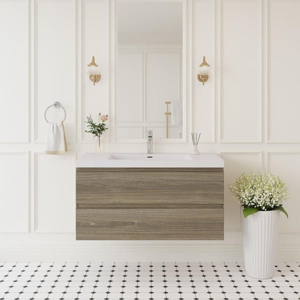 42 in. W x 19.7 in. D x 22.5 in. H Single Sink Wall Mounted Bath Vanity in Ash Grey with White Solid Surface Top
