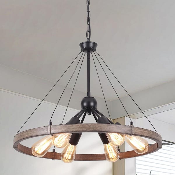 ADSENSTY 23.62 in. 6-Light Black and Imitation Wood Grain Wagon Wheel Satellite Chandelier for Living Room with No Bulbs Included