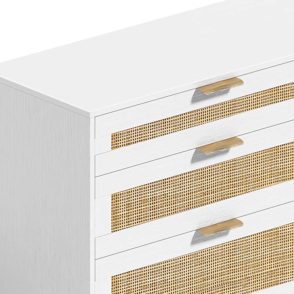 White MDF and Rattan 6-Drawer Dresser with Gold Handles