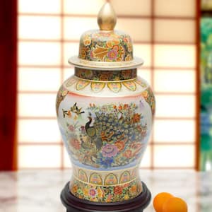 Oriental Furniture 32 in. Rose Medallion Satsuma Peacock Porcelain Temple Jar