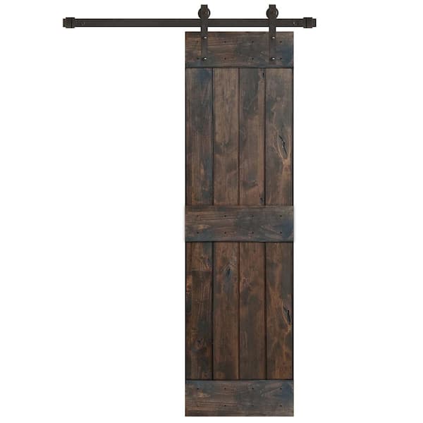 Pacific Entries 24 in. x 84 in. Rustic Espresso 2 Panel Knotty Alder Wood Sliding Barn Door with Oil Rubbed Bronze Hardware Kit
